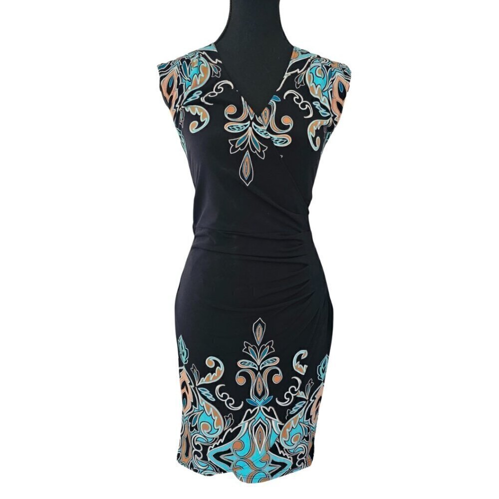 Le Chateau Bodycon Midi Dress XXS Blk Multicolor Print Sleeveless V-Neck Sml Fit